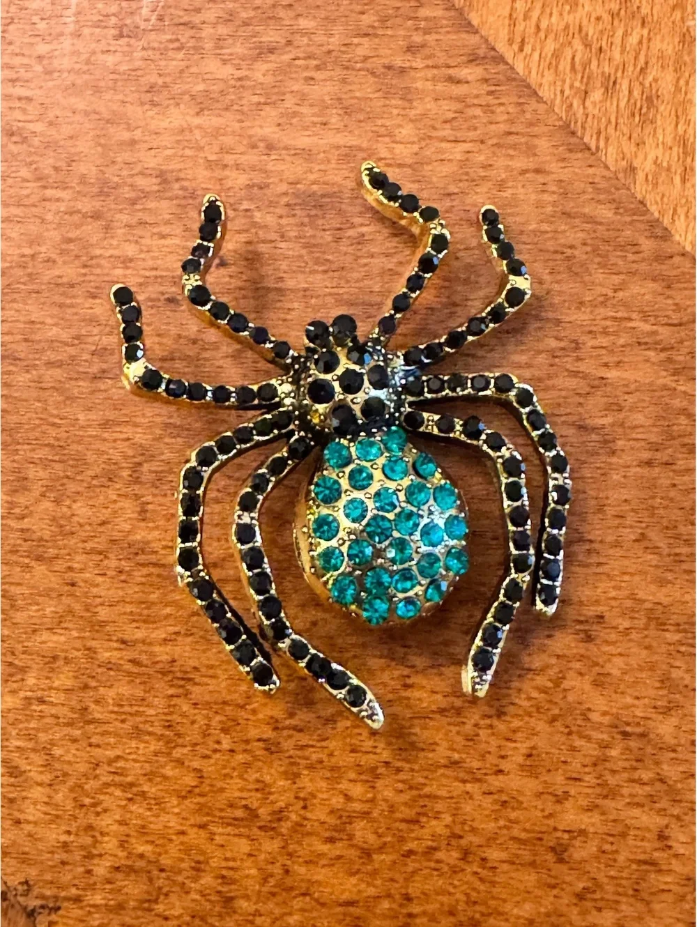 Vintage Style Spider Brooch with Black and Turquoise Rhinestones 381